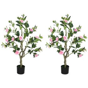 HOMCOM Set of 2 Decorative Artificial Plants, Camellia Flowers in Pots, Fakes Plant for Home Indoor Decor, 39 inch, Pink