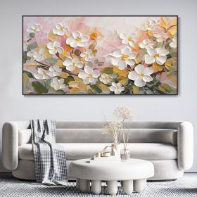 Hand Painted Oil Painting White Cherry Blossom Landscape Art 3D Floral Original Canvas Oil Painting Modern Green Plants Textured Wall Art Spring Decor (Style: 1, size: 100x150)