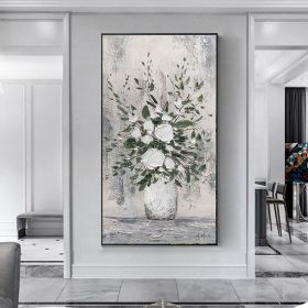 Handmade Oil Painting Abstract White Floral Vase Palette Knife Textured Oil Painting Modern Art On Canvas Grey Wall Art Foe Home Decor (Style: 1, size: 40x80cm)
