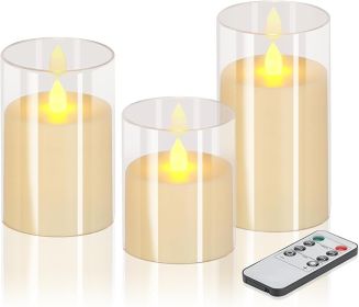 Flameless Candles 4" 5" 6" Set of 3 Acrylic Glass Pillars 3" Diameter Battery Operated Flickering Candles Include 10-Key Remote with Timer Function 40 (Color: White)