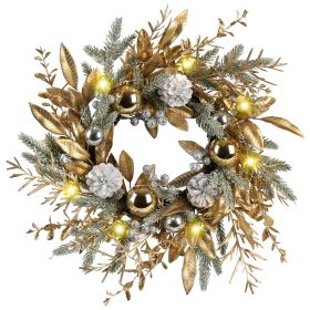 Christmas Wreath 20 Inch Christmas Door Decorations Wreath with Warm Lights (Material: PVC, Color: Gold+ Green)